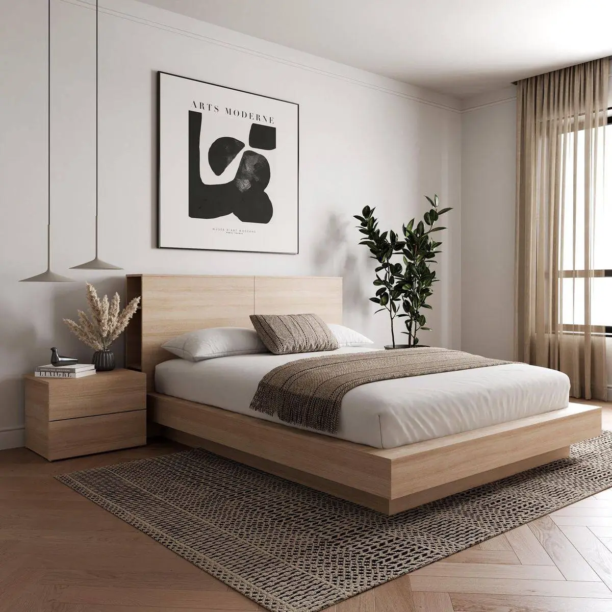 چیدمان تخت خواب در اتاق بزرگ 