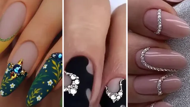 طراحی نگین ناخن | مدل شیک و جدید طراحی ناخن با نگین ساده و اکلیل برای مجالس و مهمانی‌ها