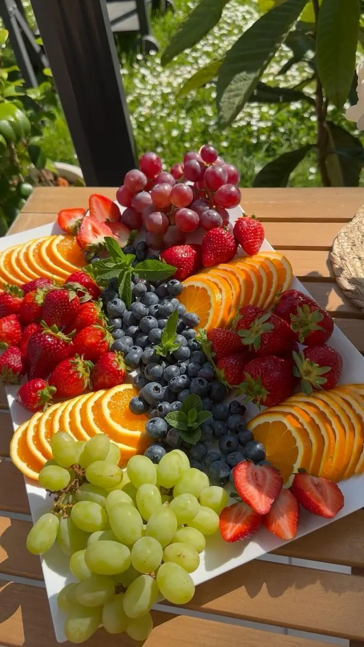 بشقاب توتفرنگی و بلوبری برای مهمانی در حیاط