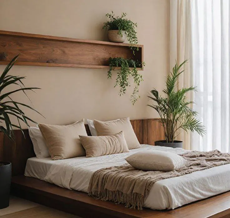 قفسه چوبی بالای تخت با گیاهان آپارتمانی